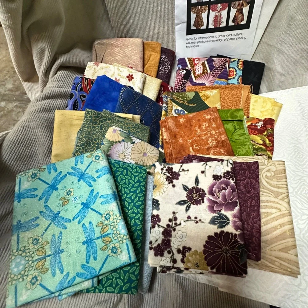 Betty Blais Kimonos Paper Pieced Quilt Pattern & Fabric Lot Embellishment Villag